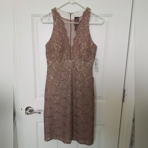 NWT taupe with copper sequin mini dress